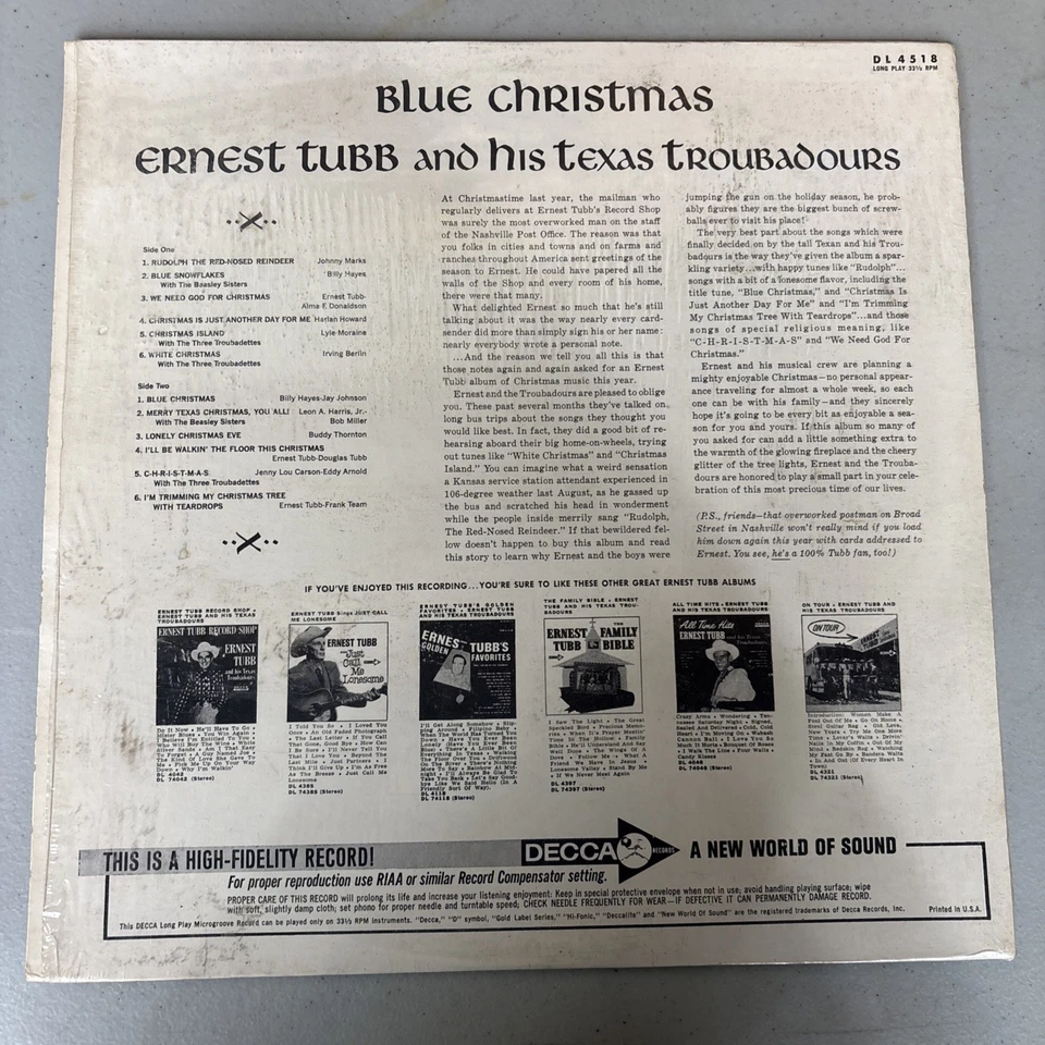 Ernest Tubb And His Texas Troubadours: Blue Christmas LP (1964 DL 4518) Decca  - Image 2 of 4