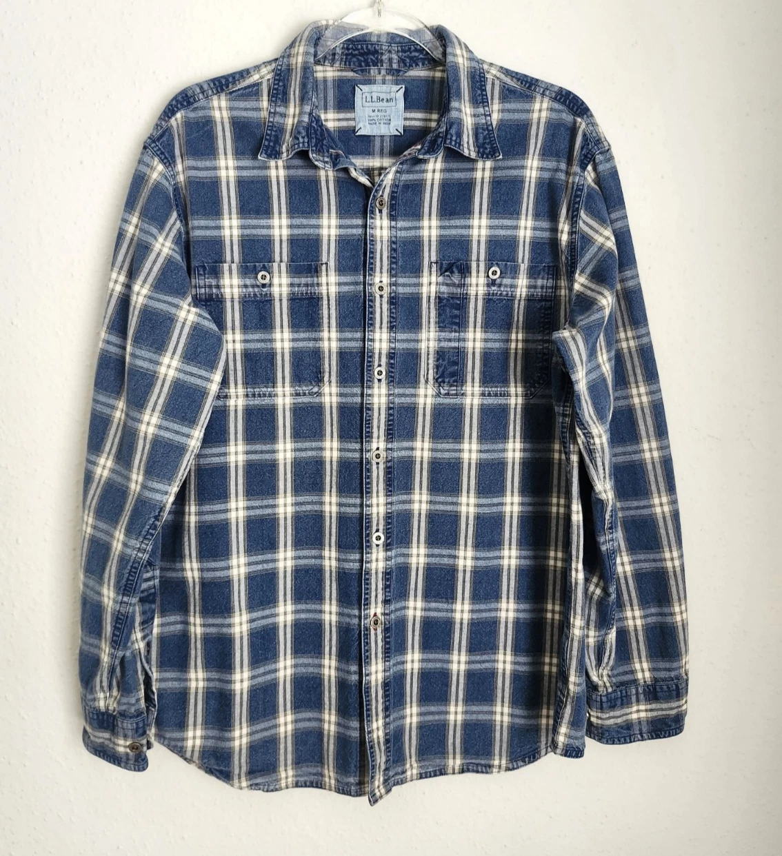 L.L. BEAN Blue Plaid Casual Utility Button Down Men's M Work Hiking Outdoors