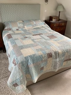 Large Handmade Patchwork Quilt 94” / 240cm X 80”/ 203cm Blues/Greys Cotton VGC