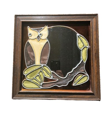 Vintage 1970s Faux-Stained-Glass Owl Mirror By Mel Amodeo Textured Resin 14''