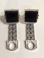 Vintage Signed Swank Black Onyx  Wrap Around Cufflinks Silver Tone Links