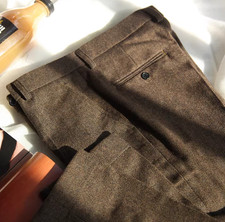 Mens Tweed Dress Pants Vintage Woolen Herringbone Formal Casual Suit Trousers