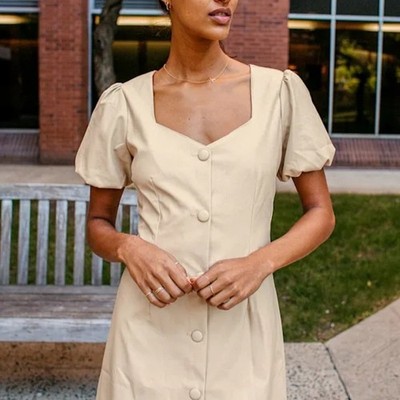 NWOT Lulus Aiming to Achieve Beige Vegan Leather Puff Sleeve Mini Dress