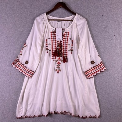 Chic Connection Top Womens White Red Cotton Blend Embroidered Tunic Boho Peasant