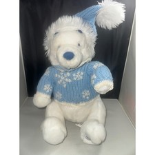 Disney Store Winnie the Pooh White Plush Winter Snowflake Blue Sweater Hat 12in