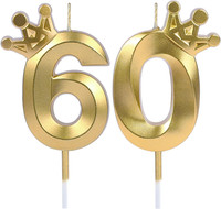 Geburtstagskerzen Zahlen 60, 3D Gold Geburtstag Kerzen,Doppelkrone | Gold Kerzen