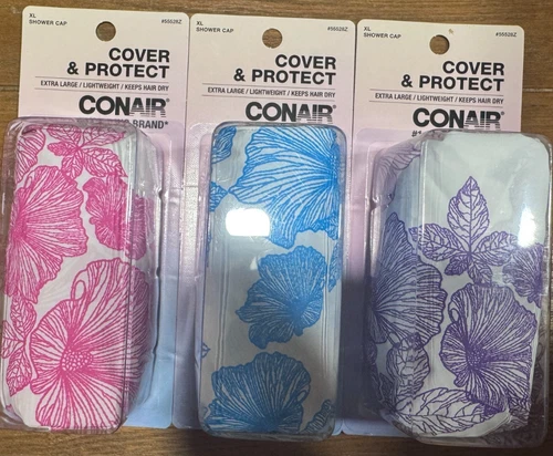3 Conair Cover & Protect Shower Cap XL PINK PURPLE BLUE WHITE FLORAL NEW SEALED