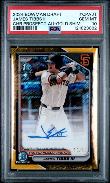 2024 Bowman Draft Chrome - James Tibbs III 1st Gold Shimmer Auto /50 PSA 10