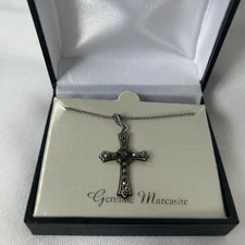 Vintage signed Genuine Marcasite Cross Necklace Stamped Thai FAS Silver NIB