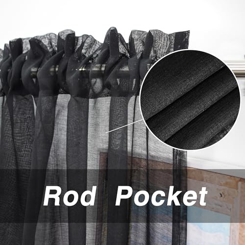 Black Sheer Tiers Curtains Set Semi Light Filtering Voile Rod Pocket Short - Picture 3 of 6