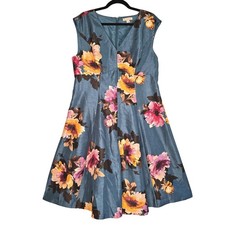 Established 1962 Dress Womens 16 Teal Taffeta Floral Sleeveless Fit Flare Church