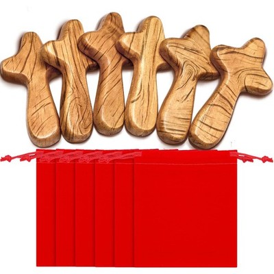 WILLBOND 6 Set Wooden Cross Small Hand Held Pine Prayer Pocket Brown,red 