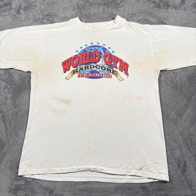 Vintage World Gym Hardcore Training T-Shirt Mens White Graphic Short Sleeve 90s