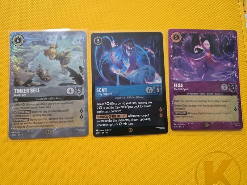 Lorcana Promo Set Of 3 Cards, Tinkerbell, Scar, And Elsa Foils