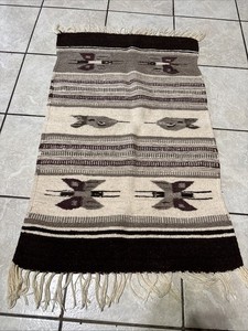 Hand Woven Zapotec Accent Tapestry Bug/Fish Fringed Mexican Wool 42 X 25 Inches