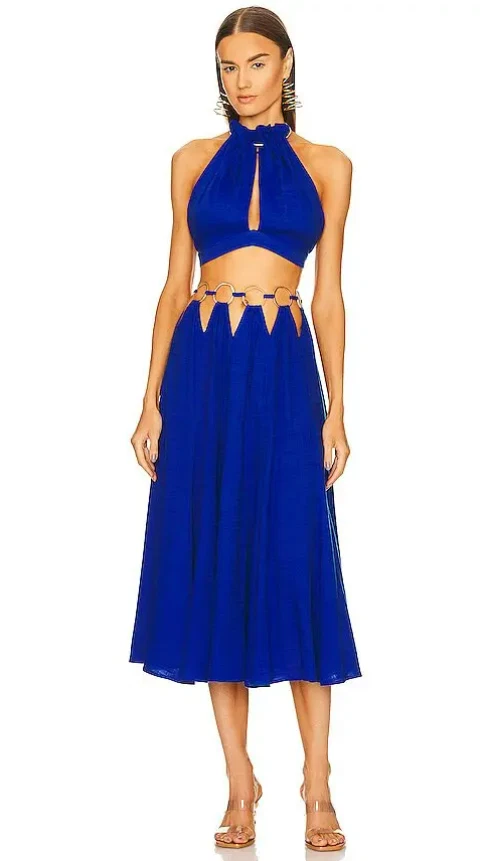 Cult Gaia Idris Royal Blue Linen Blend Mini Skirt W/ Gold O-Ring Detail, Size XS