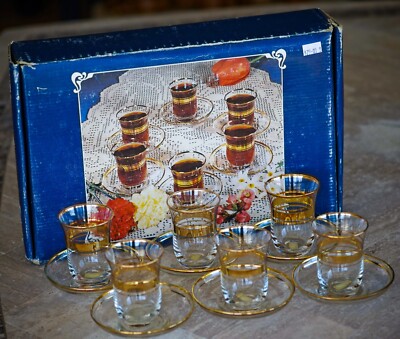 VINTAGE Pasabahce 24ct Gold Trim Tea Glasses Set Turkey Original Box 1960's