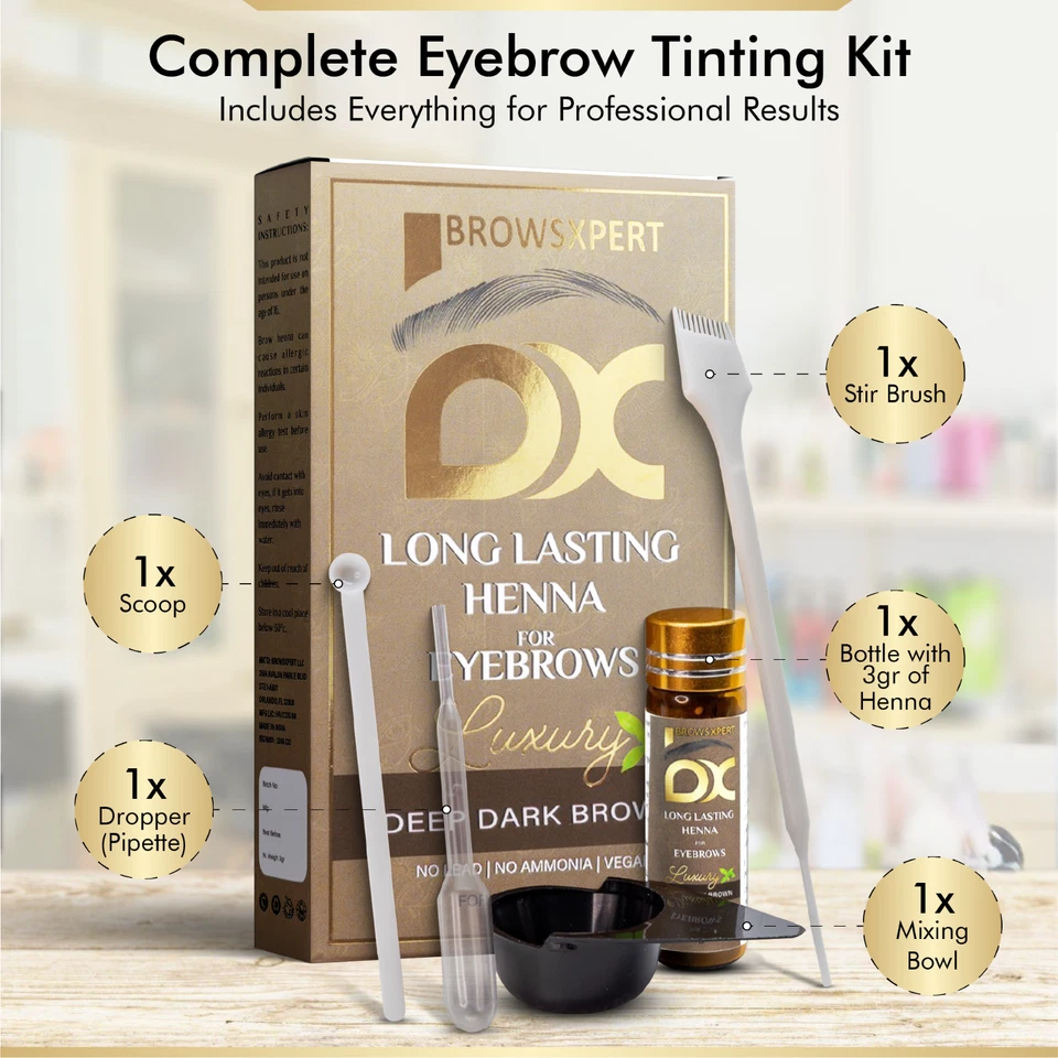 BROWSXPERT Long Lasting Henna Kit For Eyebrow Hair Stir+Brush Deep Dark Brown/3g - Image 3 of 4