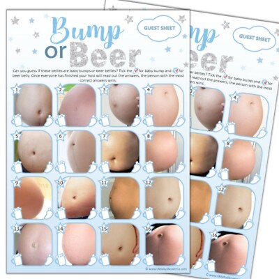 Baby Dusche Spiel 20 Spieler - BUMP ODER BIER blaue Sterne, Junge, Partybedarf silber