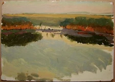 Ukrainian Soviet Oil Painting Landscape realism lake evening calm 1950s 