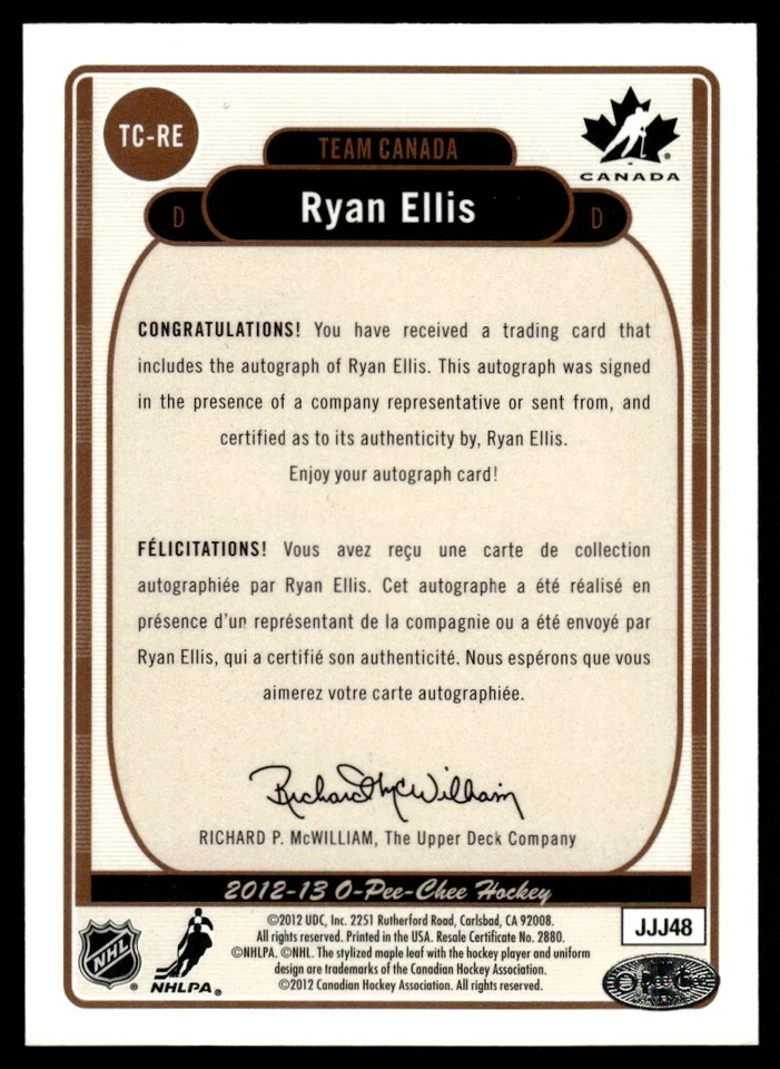 2012-13 O-Pee-Chee Team Canada Signatures Ryan Ellis Auto Canada #TC-RE - Image 2 of 2