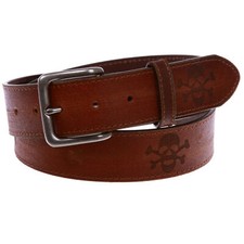 Vintage Stitching-Edged Distressed Embossed Skull  Cross Bones Leather Belt