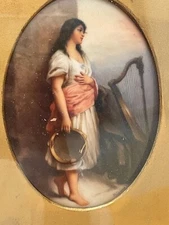 Oval KPM ? Wagner Miniature Painting on Porcelain Woman Tambourine Harp Framed ✨
