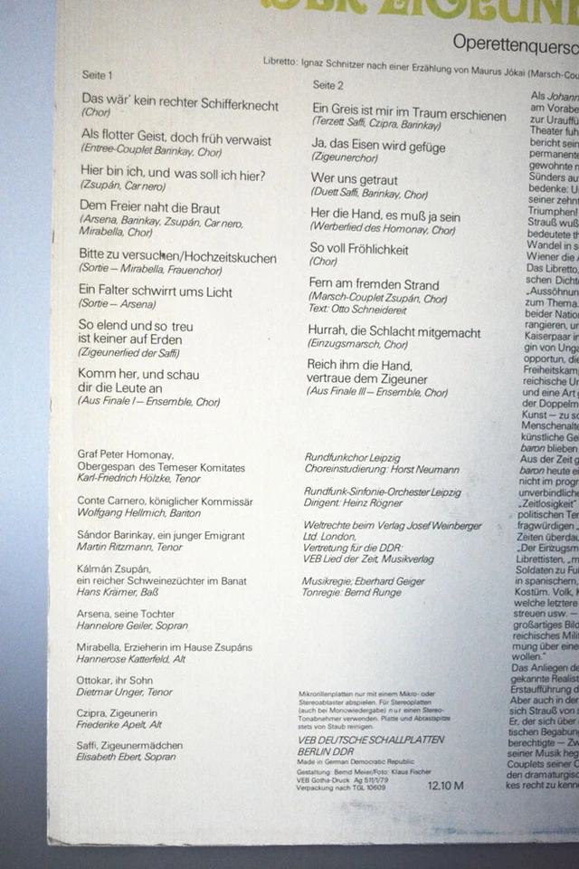 LP Vinyl Amiga Der Zigeunerbaron 1979 Operettenquerschnitt Orchester Leipzig - Bild 3 von 3