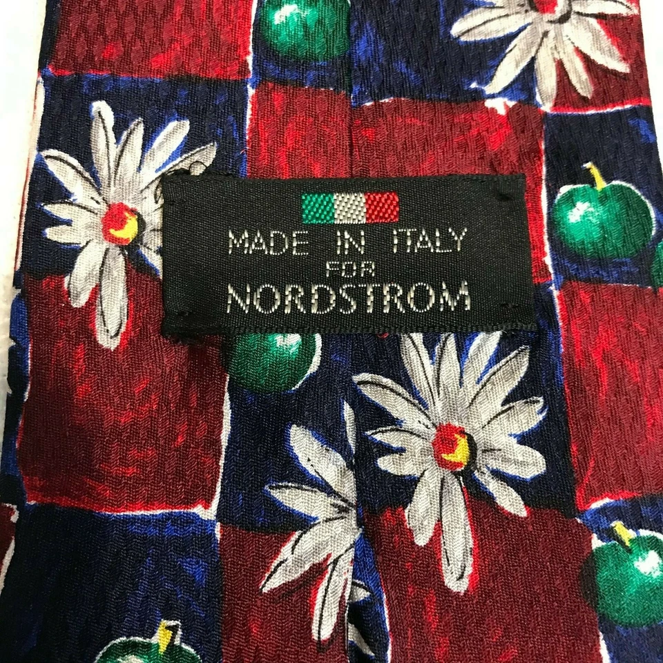 PARA NORDSTROM Corbata Hombre 100% Seda Hecha en Italia- Rojo Azul Flores Manzanas W 4" Foto 3 de 4