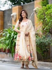 Indian Style Chinnon Silk Gown Bottom With Cream Dupatta For Functional Wear