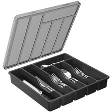 Lifewit Plastic Silverware Organizer with Lid, Covered Utensil Tray for Kitchen