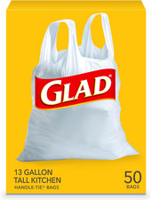 Glad Tall Kitchen Handle-Tie Trash Bags, 13 Gallon White Trash Bag, 50 Ct Packa