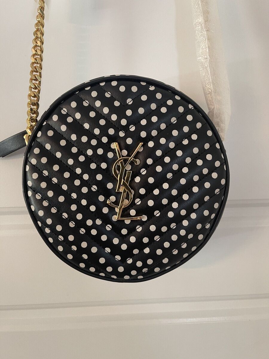 YSL Sac Round Crossbody Bag In Black With White Polka Dots YSL Sac Round Crossbody Bag In Black With White Polka Dots