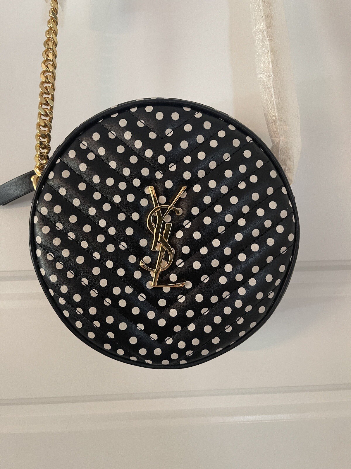 SAINT LAURENT Borsa a tracolla rotonda YSL in nero con pois bianchi Nuovissima!!