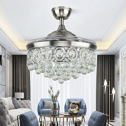 42" Invisible Crystal Ceiling Fans 3-Speeds Remote Chandelier LED 3-Color Change
