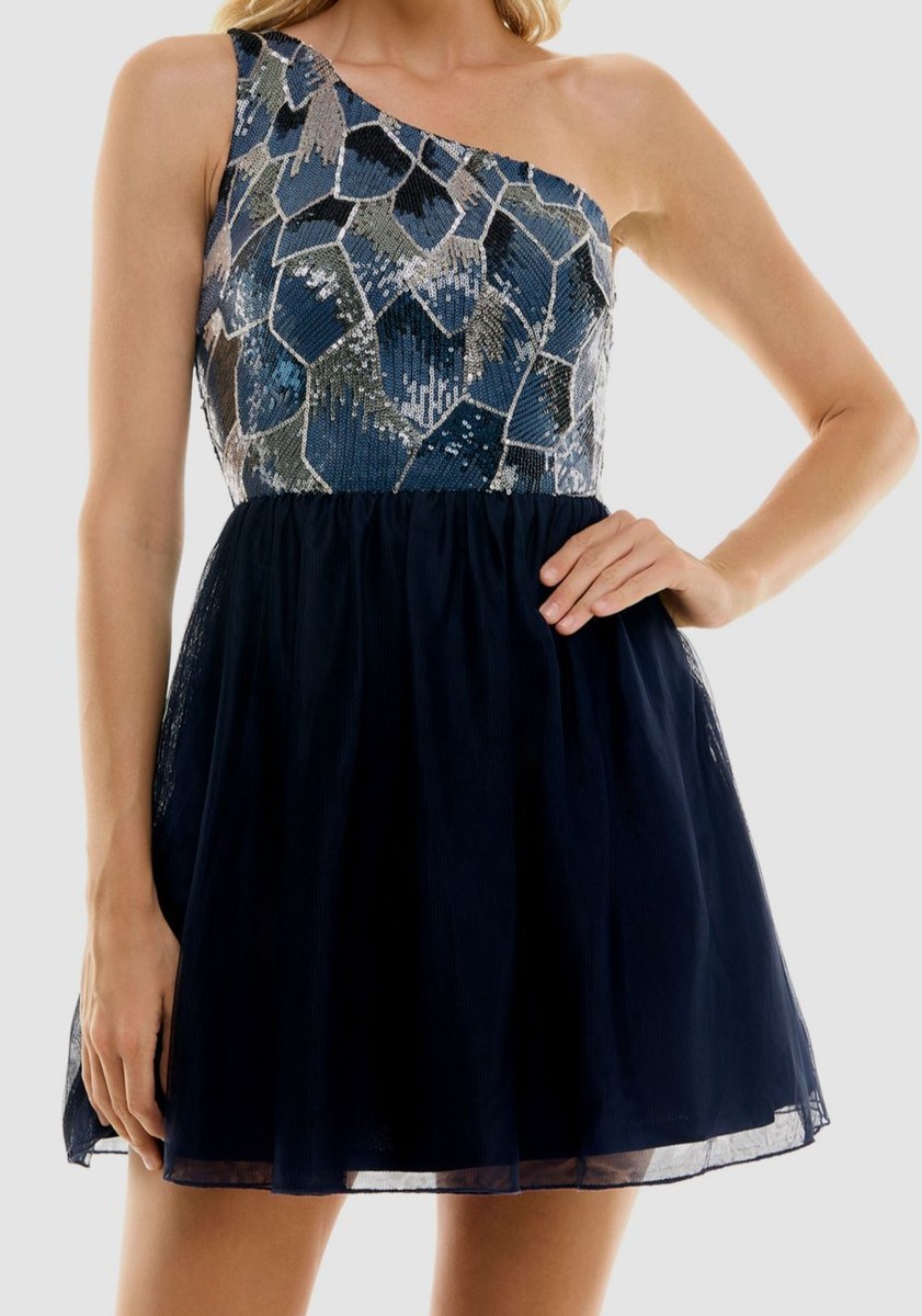 BCX Juniors' Women's Blue Sequins One-Shoulder Mesh Skirt Dress Size XS