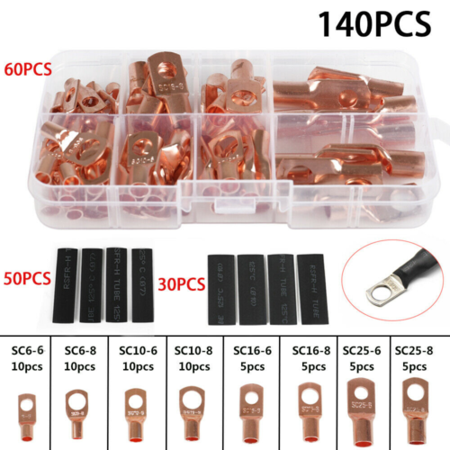 140pcs Battery Lugs Terminal Ring Connector Bare Copper Wire Gauge SC6-25 Kit - Afbeelding 1 van 11