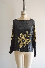 80S Black Gold Floral Sequin Flower Beaded Dolman Sleeve Silk Top Heavily Blouse