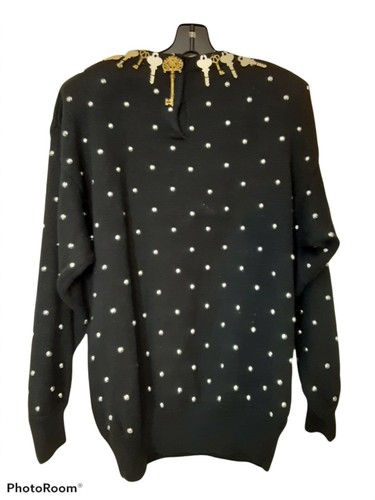 Vtg Bonnie Boerer Size M Keys Studs Embellished Retro Artsy Knit Sweater Black - Picture 2 of 11