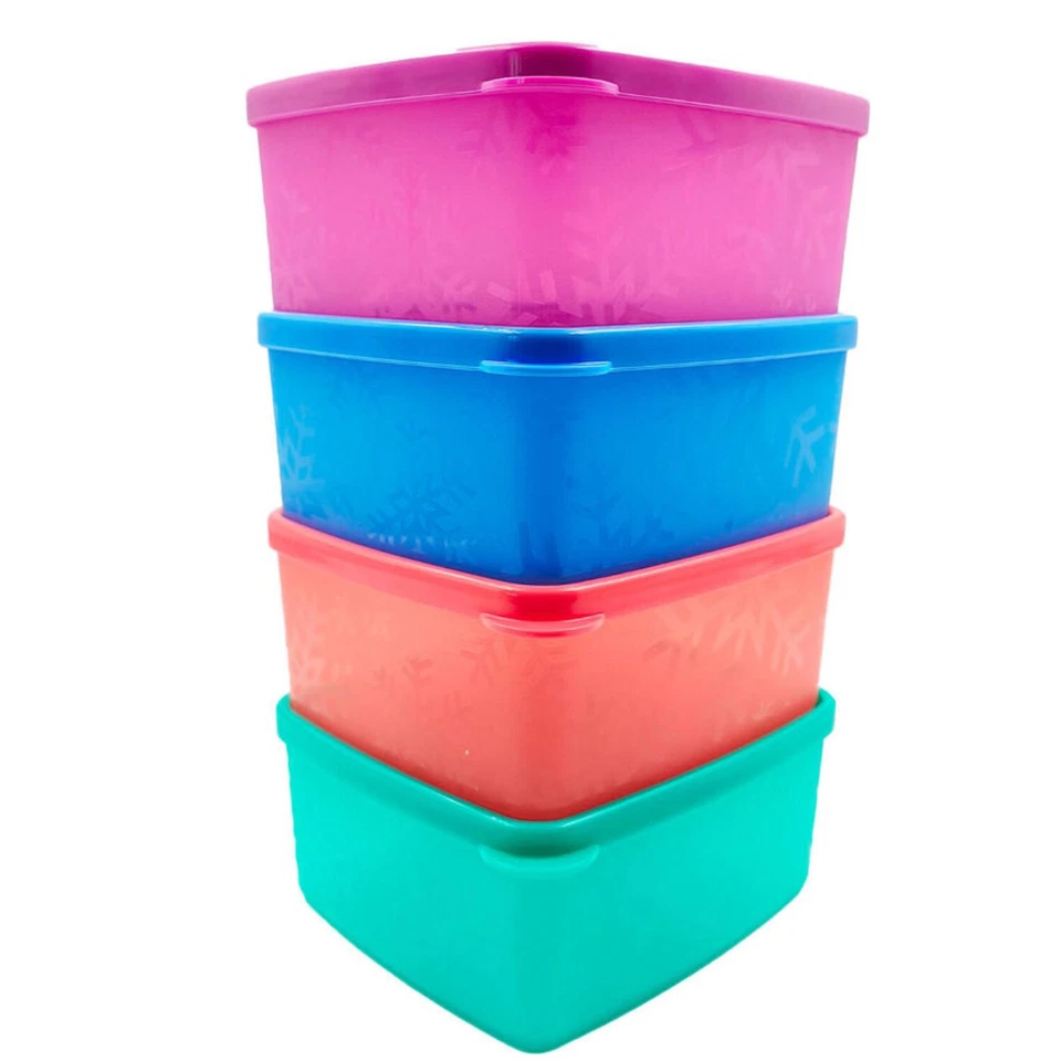 Tupperware Snowflake Freezer Medium Square Round Plastic Container 400ml (4) Set - Image 3 of 4