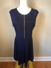 New York & Company Navy 100% Cotton Fit & Flare Sleeveless Dress Gold Zip Size L