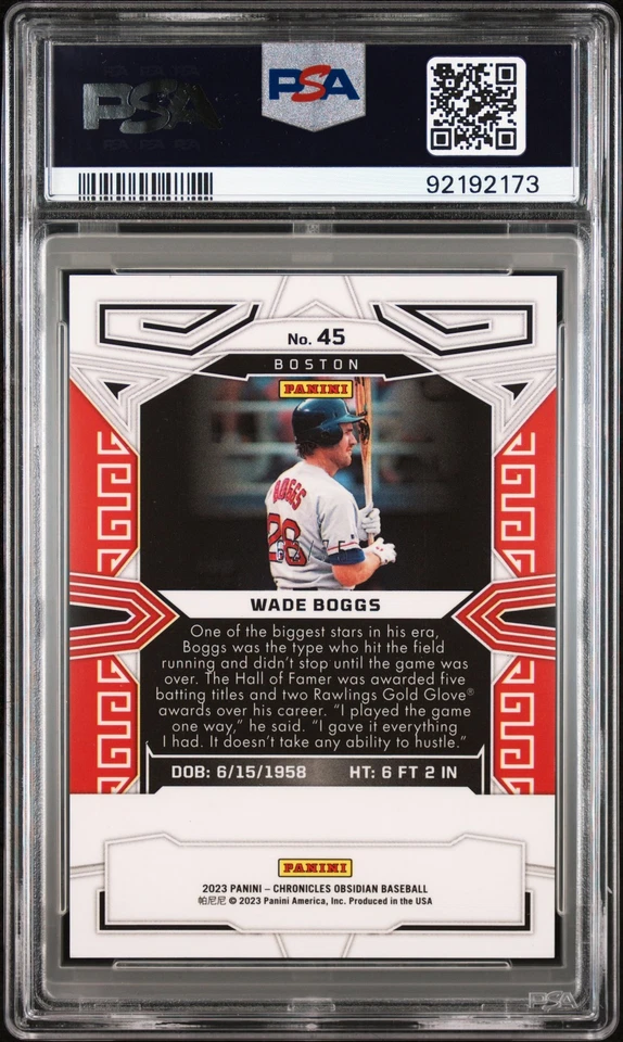 2023 PANINI CHRONICLES OBSIDIAN EE ORANGE #45 WADE BOGGS 62/75 PSA 10 - Image 2 of 2