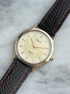 Seiko Dolce 5E61-0A20 Quartz Champagne Dial Two-Tone Embossed Leather Strap Men