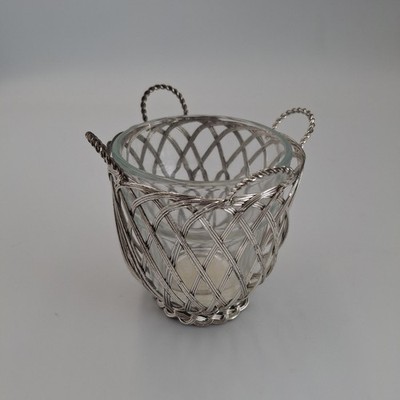 Woven Wire Basket with Handles Silver Tone Metal 3''x3'' Lattice Design Candle