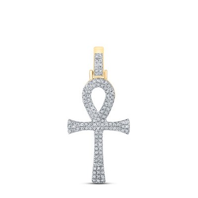 10K Yellow Gold Genuine Round Diamond Unisex Iced Out Ankh Cross Pendant 1/3 CT