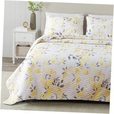 Floral Full/Queen Quilt Set with Full / Queen 07 - Yellow Grey Watercolor