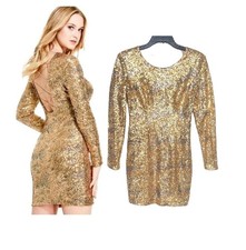 ⭐GUESS Womens Size 4 Gold Sequin Mini Dress Long Sleeve Party Bodycon Cocktail