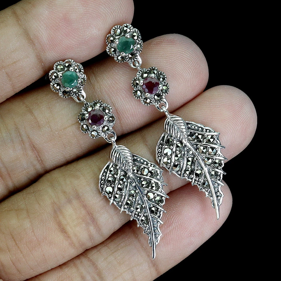 925 Sterling Silver Earrings Round Emerald Ruby Marcasite Gemstone Jewelry - Image 2 of 4