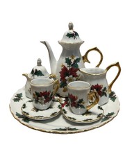 Formalities By Baum Brothers Poinsettia Mini Tea Set Christmas Holiday Gold Trim