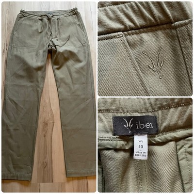 Ibex Wool Cotton Blend Twill Pants Size 10 Cremini Green Straight Leg Drawstring